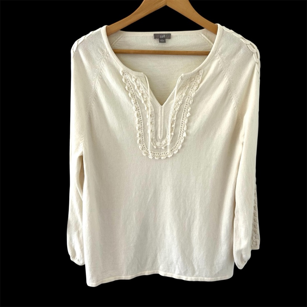 J. Jill Ivory Cotton Angora Blend Crochet Sweater. Size Large.